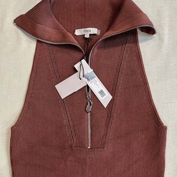 ET OCHS Emily Knit Zipper Top Ribbed Polo Tank Clay Brown Half Zip $695 Large - Picture 6 of 16